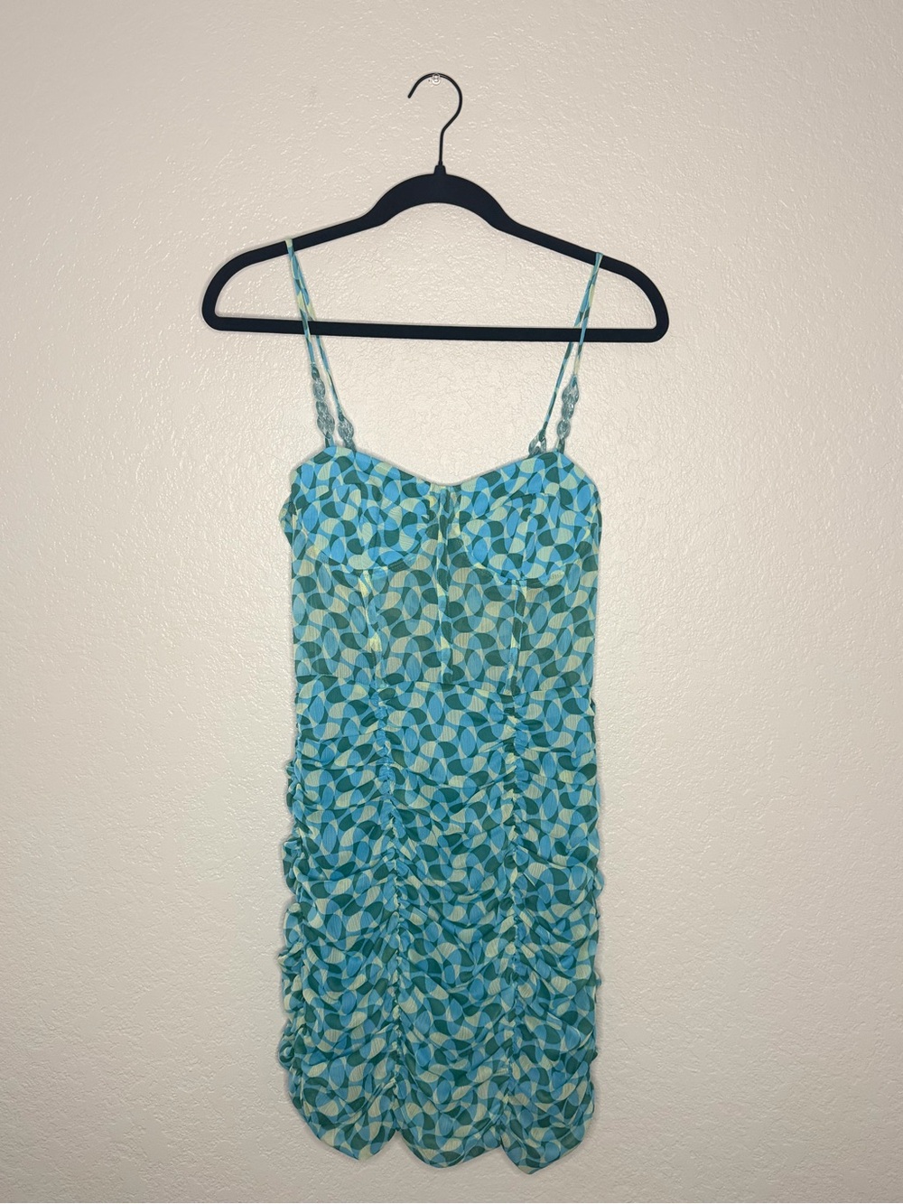 Zara Blue & Aqua Geometric Ruched Spaghetti-Strap Mini Dress